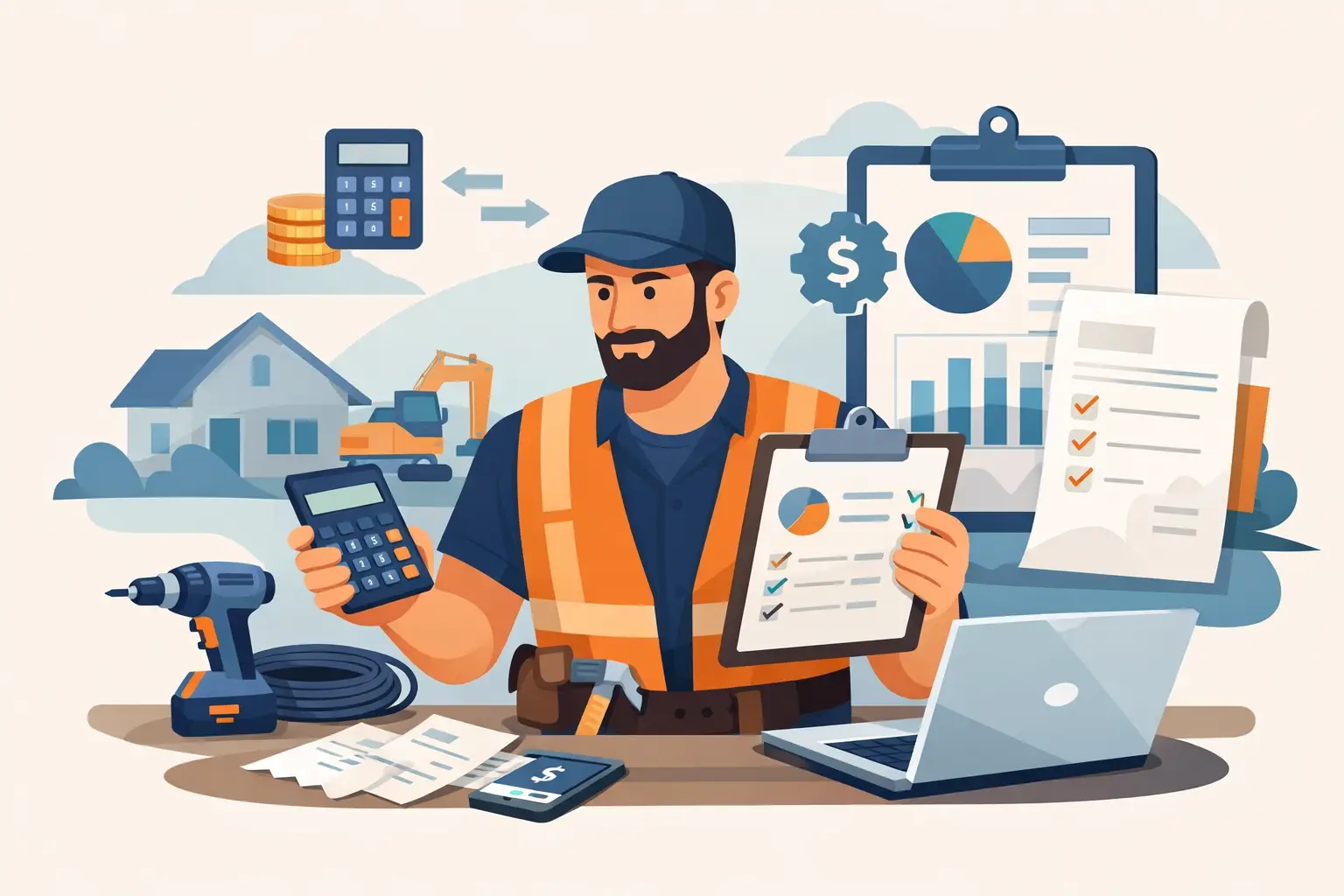 Illustration of a tradie managing bookkeeping and invoicing tasks