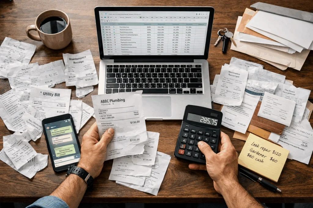 "Property investor reviewing rental income and expense records on a laptop"